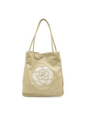 Chanel Camellia Logo Tote Shoulder Bag Leather Beige White Gold